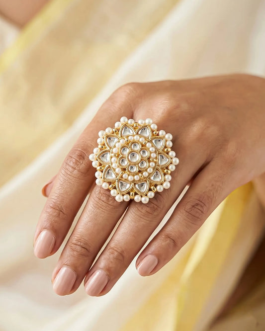 White Kundan Pearl Floral Ring, Antique Gold Adjustable Bridal Ring Jewelry