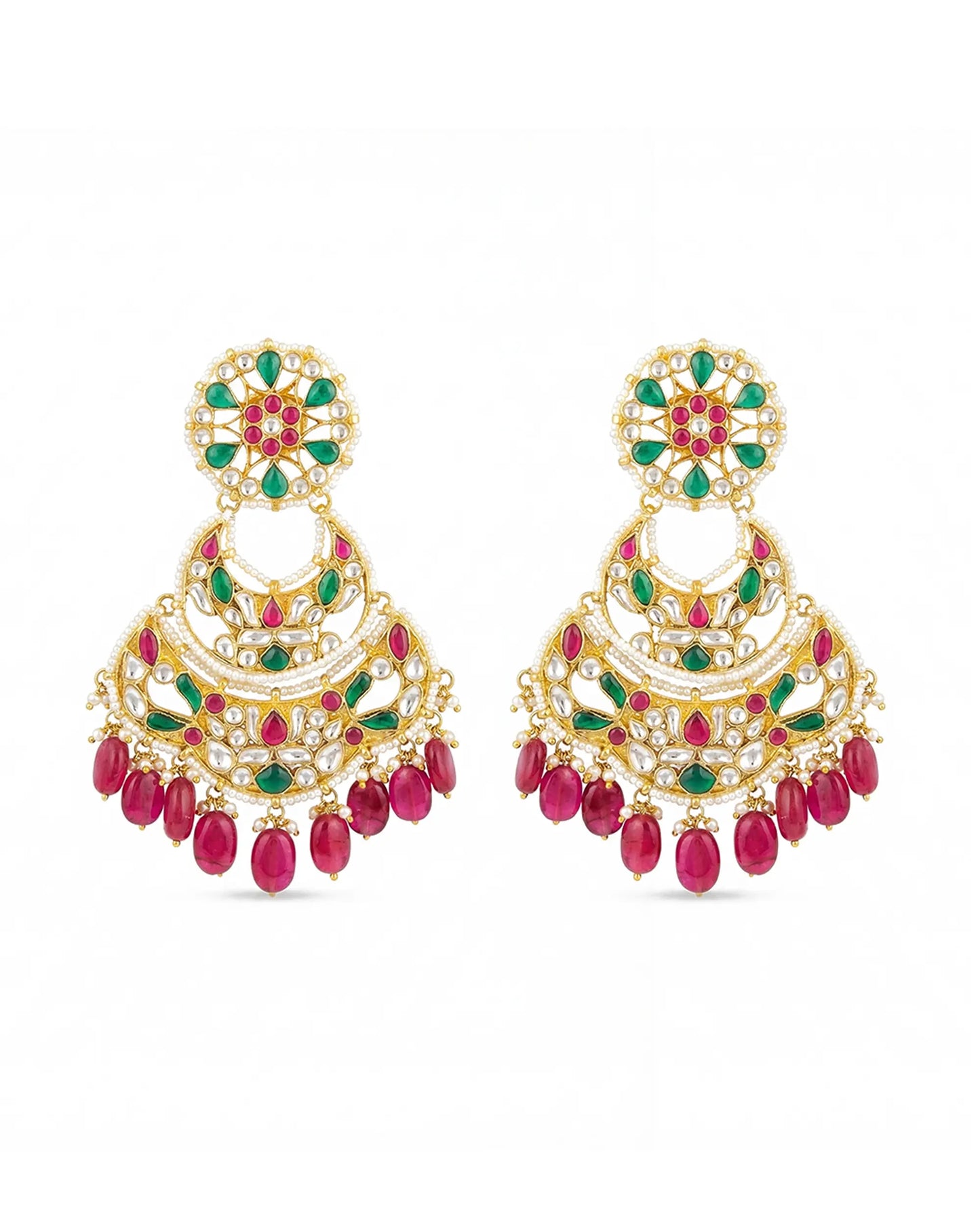 Handcrafted Jadau Chandbali Earrings, 18K Gold Plated, Ruby & Green Stone Indian Jewelry