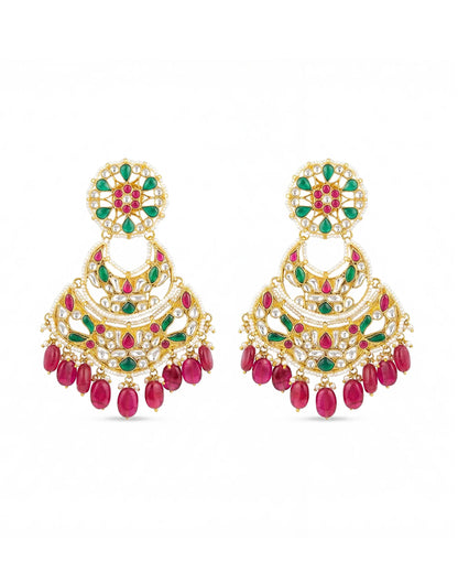 Handcrafted Jadau Chandbali Earrings, 18K Gold Plated, Ruby & Green Stone Indian Jewelry