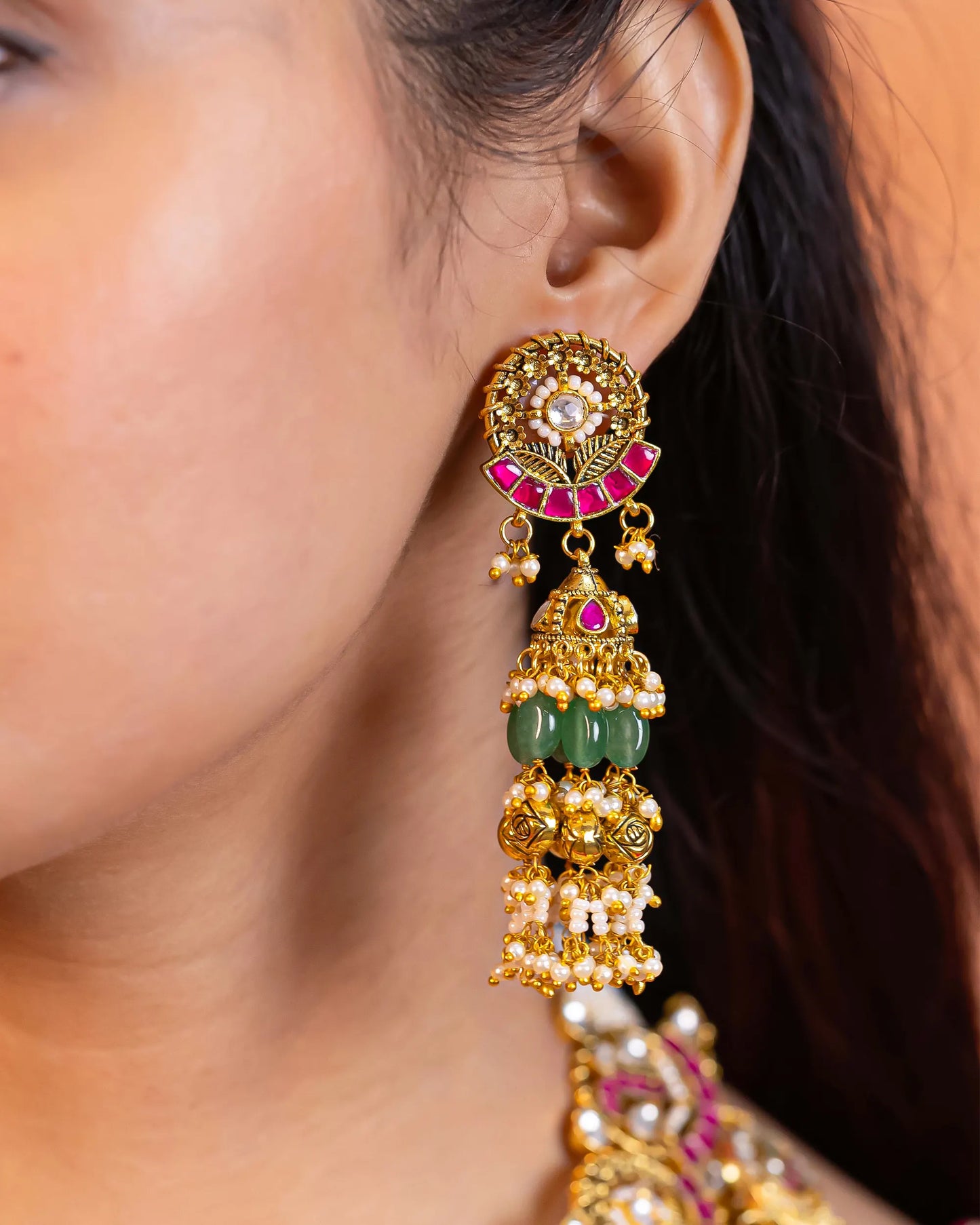 Traditional Kundan Choker Set, Gold Plated Bridal Necklace, Green Bead Earrings Jewelry Gift
