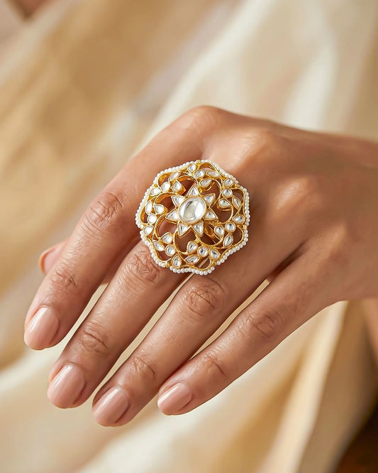 Adjustable Gold Kundan Pearl Ring, Indian Bridal Jewelry
