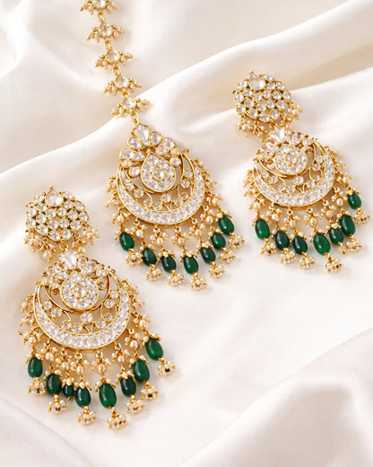 Classic Handmade White Kundan Pearl Maang Tikka & Earrings Set with Green Beads Jewelry