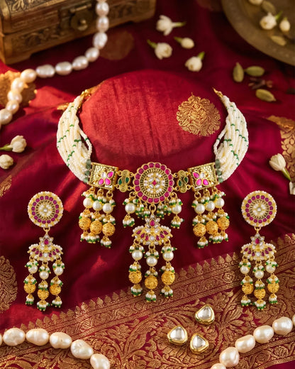 Handcrafted Pearl Choker Necklace Set, Gold Kundan Peacock Jewelry, Bridal Statement Earrings