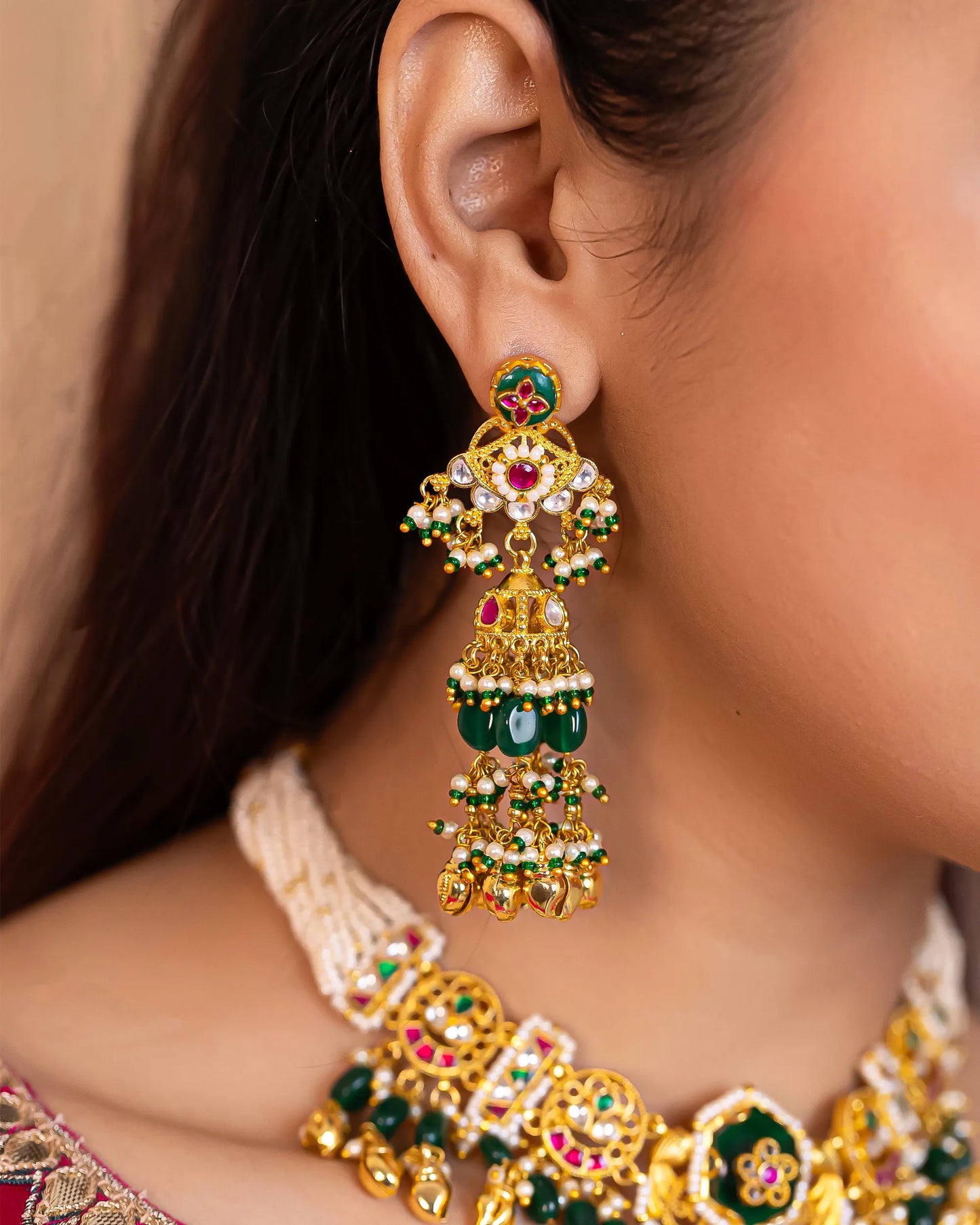 Handcrafted Kundan Bridal Choker Set – Green Beads & Pearl Necklace Jewelry