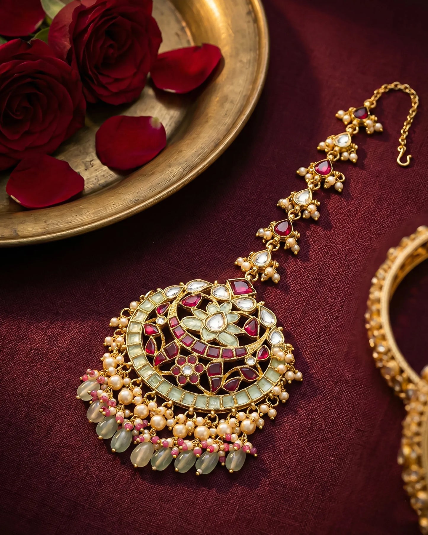 Bridal Kundan Maang Tikka, Green Pearl Beads Forehead Traditional Indian Wedding Jewelry