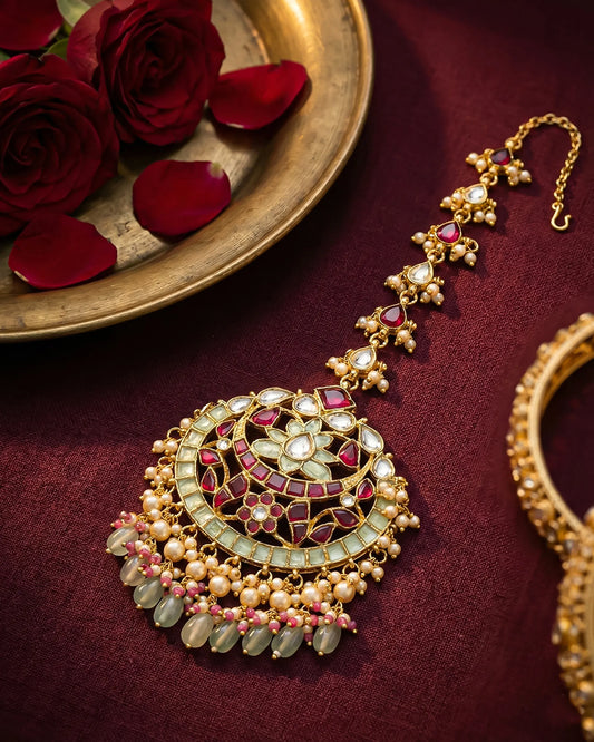 Bridal Kundan Maang Tikka, Green Pearl Beads Forehead Traditional Indian Wedding Jewelry