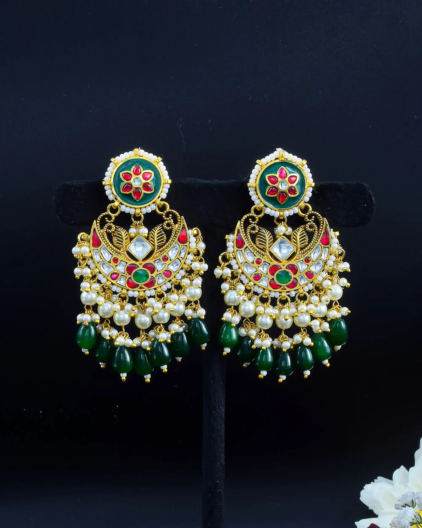 Polki Pearl and Green Drop Chandbali Earrings