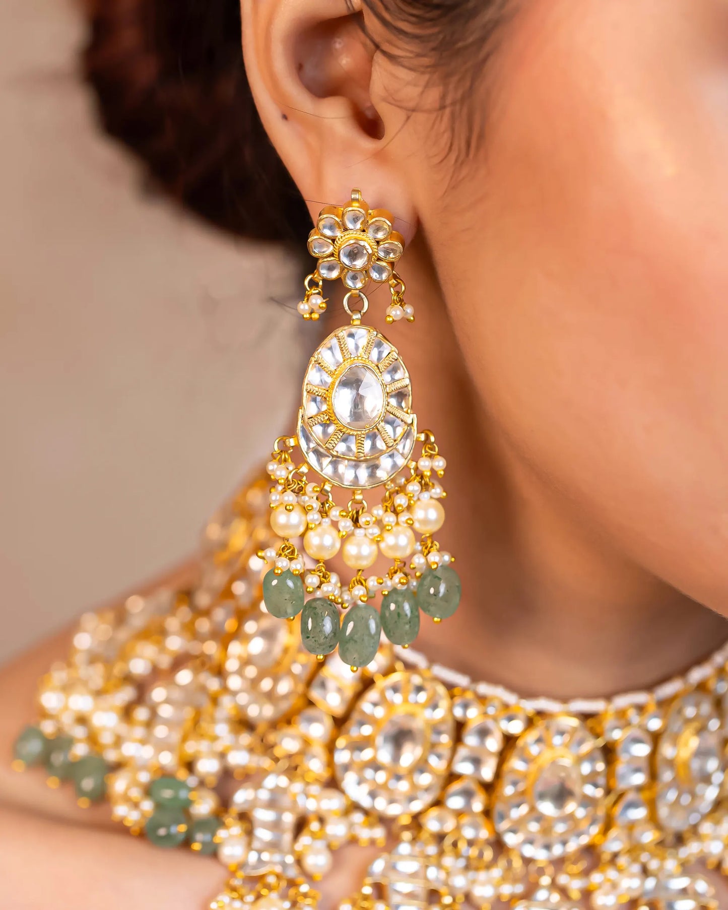 Kundan Choker Set Jewelry, Green Beads Bridal Necklace, Drop Earrings