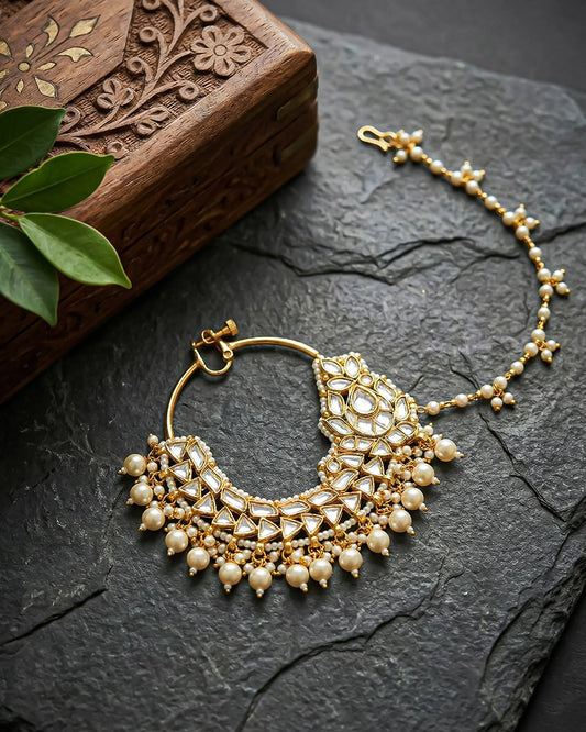 Traditional Kundan Pearl Bridal Nath – Gold Plated Wedding Nose Ring Jewelry