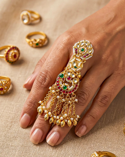 Long Kundan Statement Ring 18k Gold Plated Pearl Green Red Adjustable Ring Jewelry