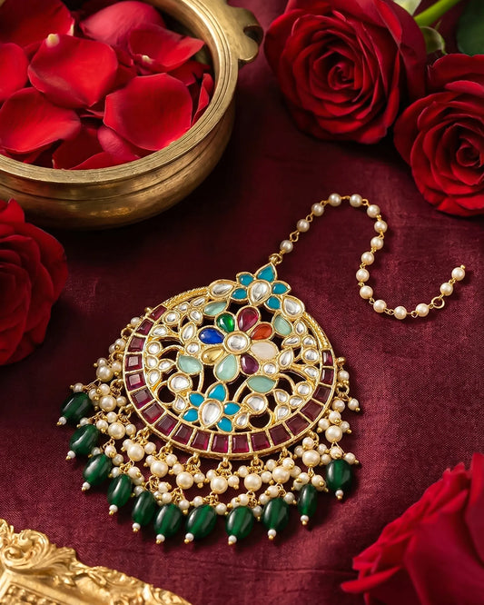 Indian Maang Tikka Headpiece, Kundan Pearl Floral Jewelry, Bridal Wedding Festive Wear