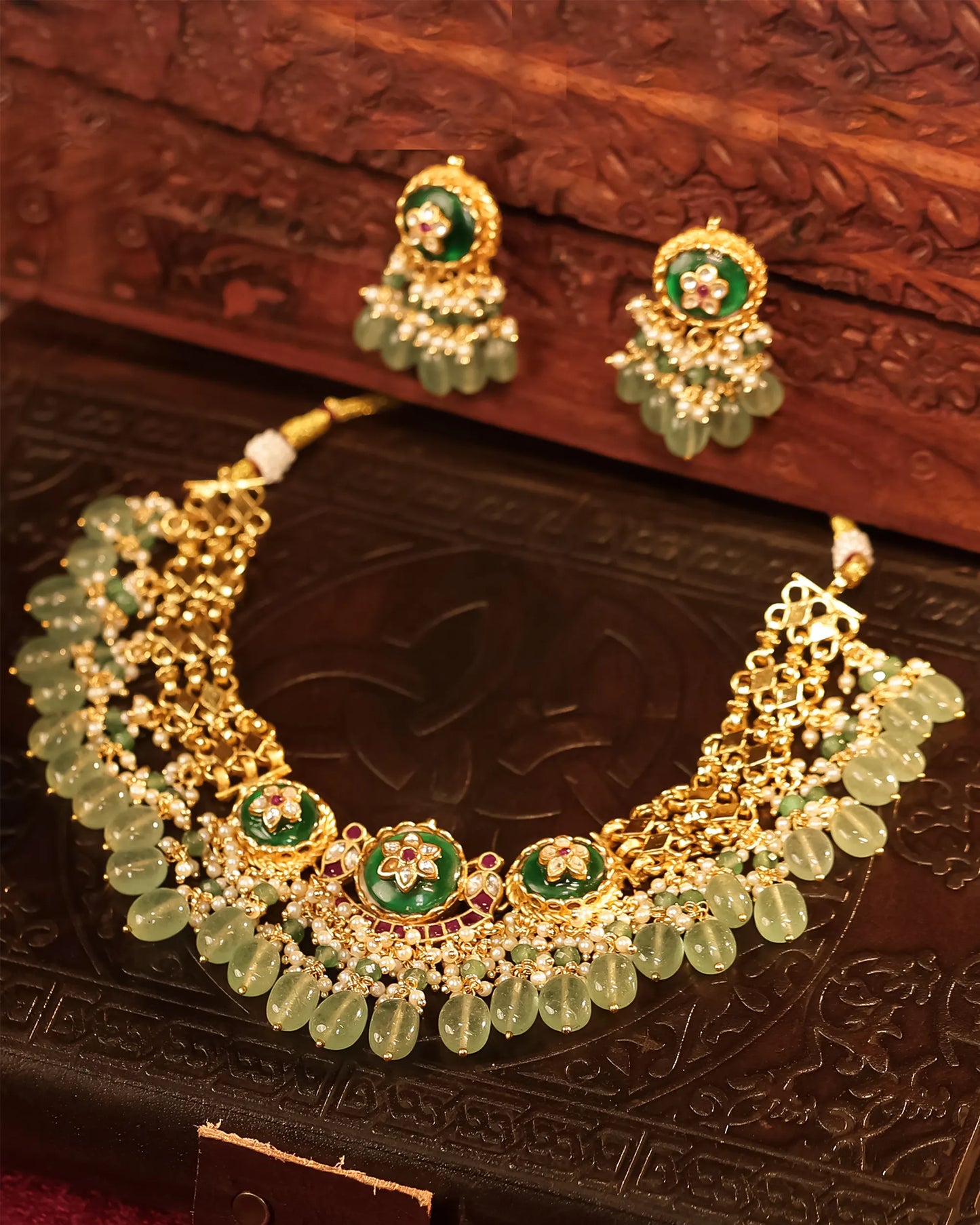 Kundan Choker Bridal Necklace, Green Beads Pearl Earrings, Indian Jewelry Set
