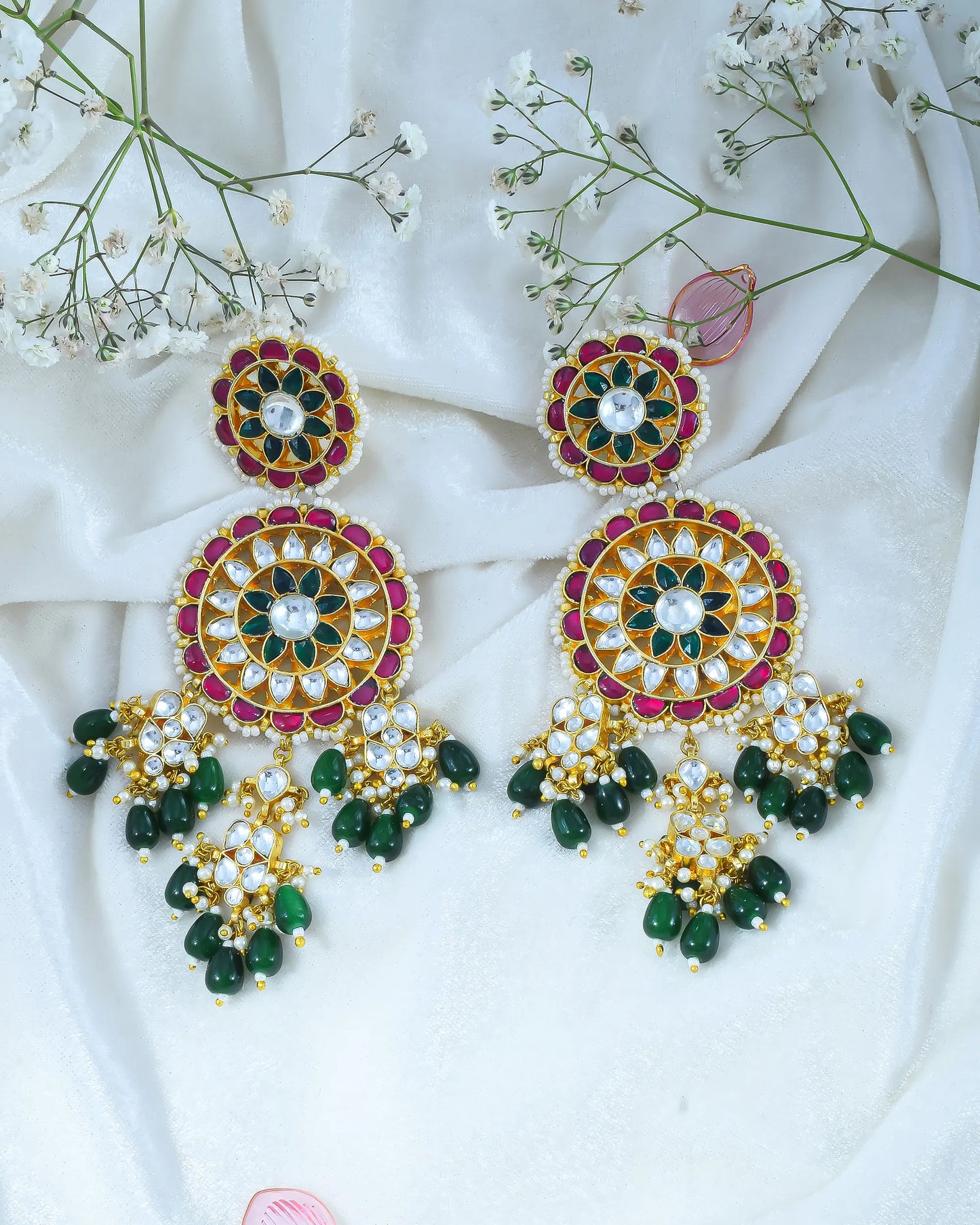 Long Gold-Plated Polki Jadau Earrings, Green Bead Drops Floral Jewelry