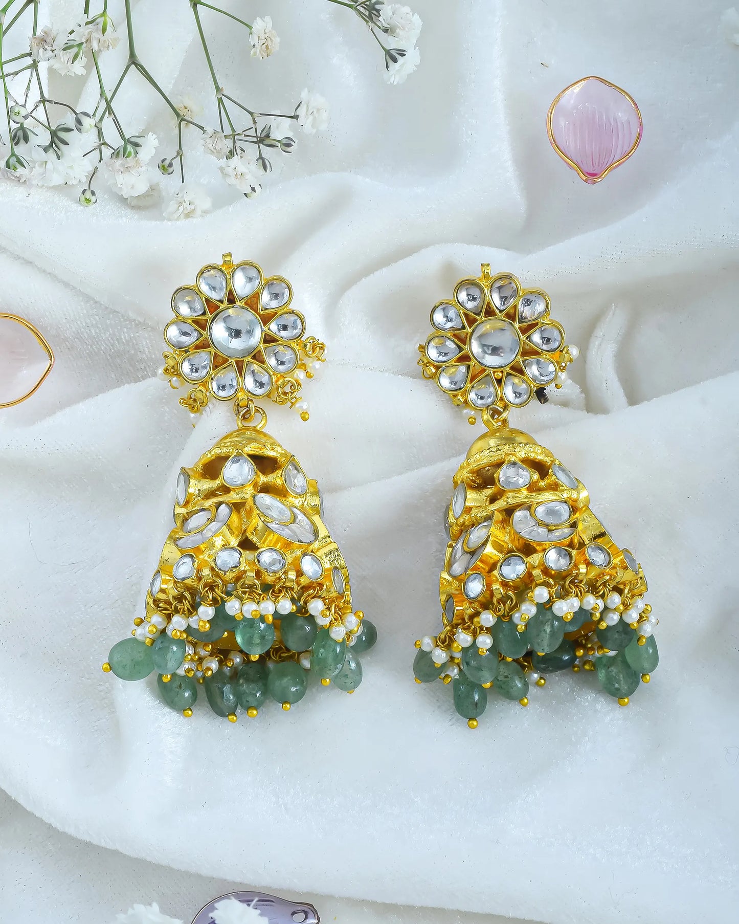 Gold Plated Kundan Jhumka Earrings with Green Beads