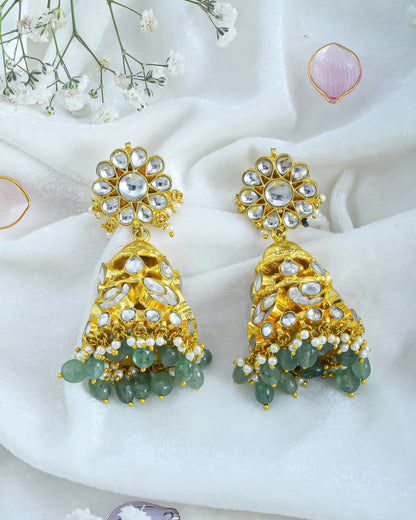 Gold Plated Kundan Jhumka Earrings with Green Beads