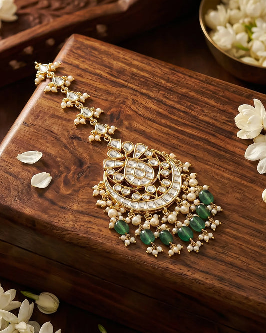Kundan Maang Tikka, Chand Shape, Polki, Pearl & Green Drops, Jadau Indian Bridal Jewelry