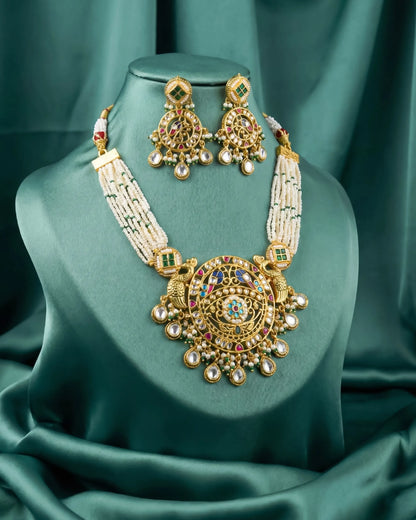 Peacock Kundan Pearl Necklace Set, Indian Bridal Gold Wedding Jewelry