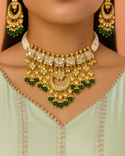 Handcrafted Kundan Choker Set, Pearl Necklace, Green Bead Earrings Jewelry