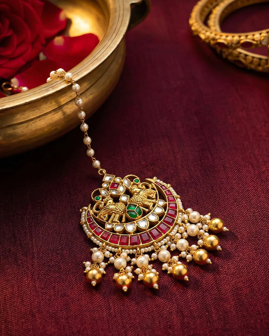 Handmade Kundan Maang Tikka, Pearl & Gold Indian Bridal Jewelry