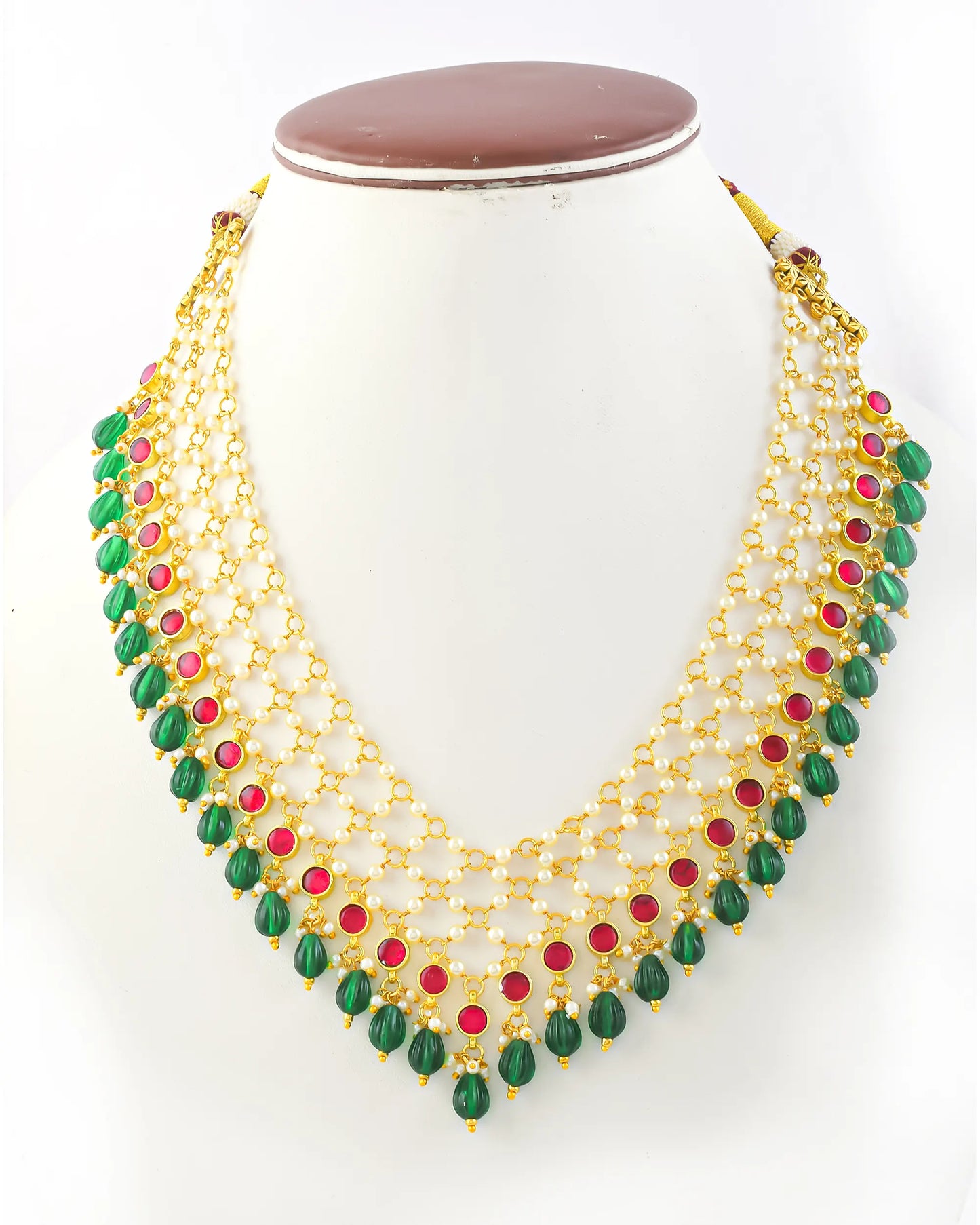 Red Green Kundan Necklace Set, Traditional Indian Bridal Jewelry, Adjustable Thread Necklace, Ethnic Gold Statement Necklace with Earrings