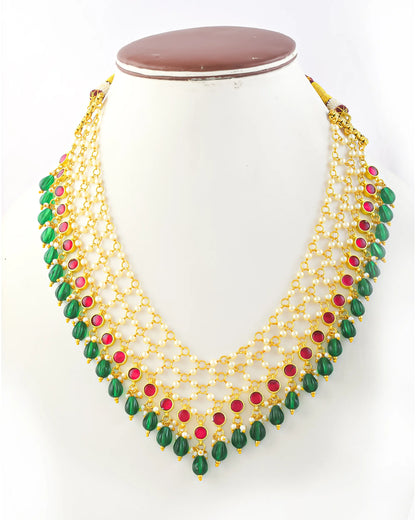Red Green Kundan Necklace Set, Traditional Indian Bridal Jewelry, Adjustable Thread Necklace, Ethnic Gold Statement Necklace with Earrings