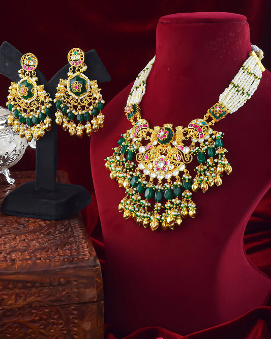 Kundan Choker Set Earrings Necklace, Green Bead & Pearl Indian Jewelry