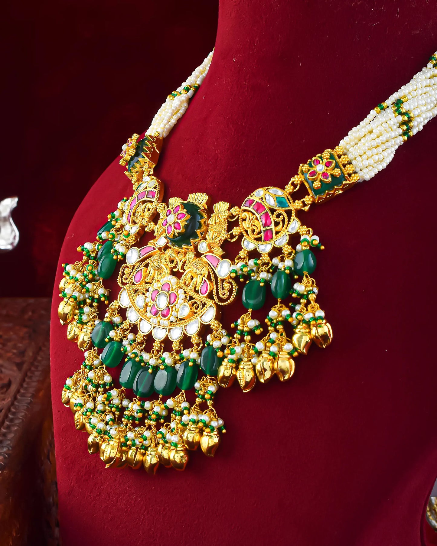 Kundan Choker Set Earrings Necklace, Green Bead & Pearl Indian Jewelry