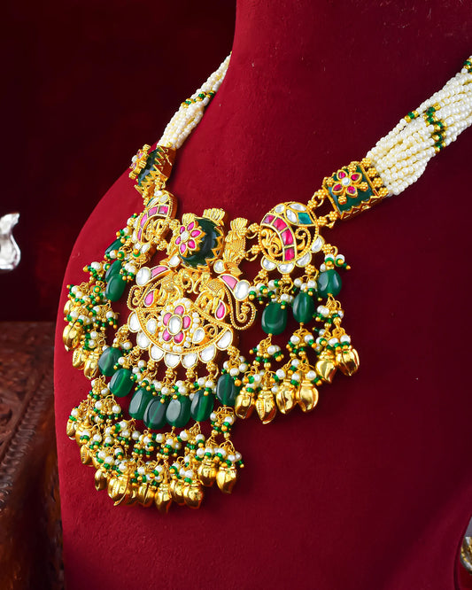 Kundan Choker Set Earrings Necklace, Green Bead & Pearl Indian Jewelry