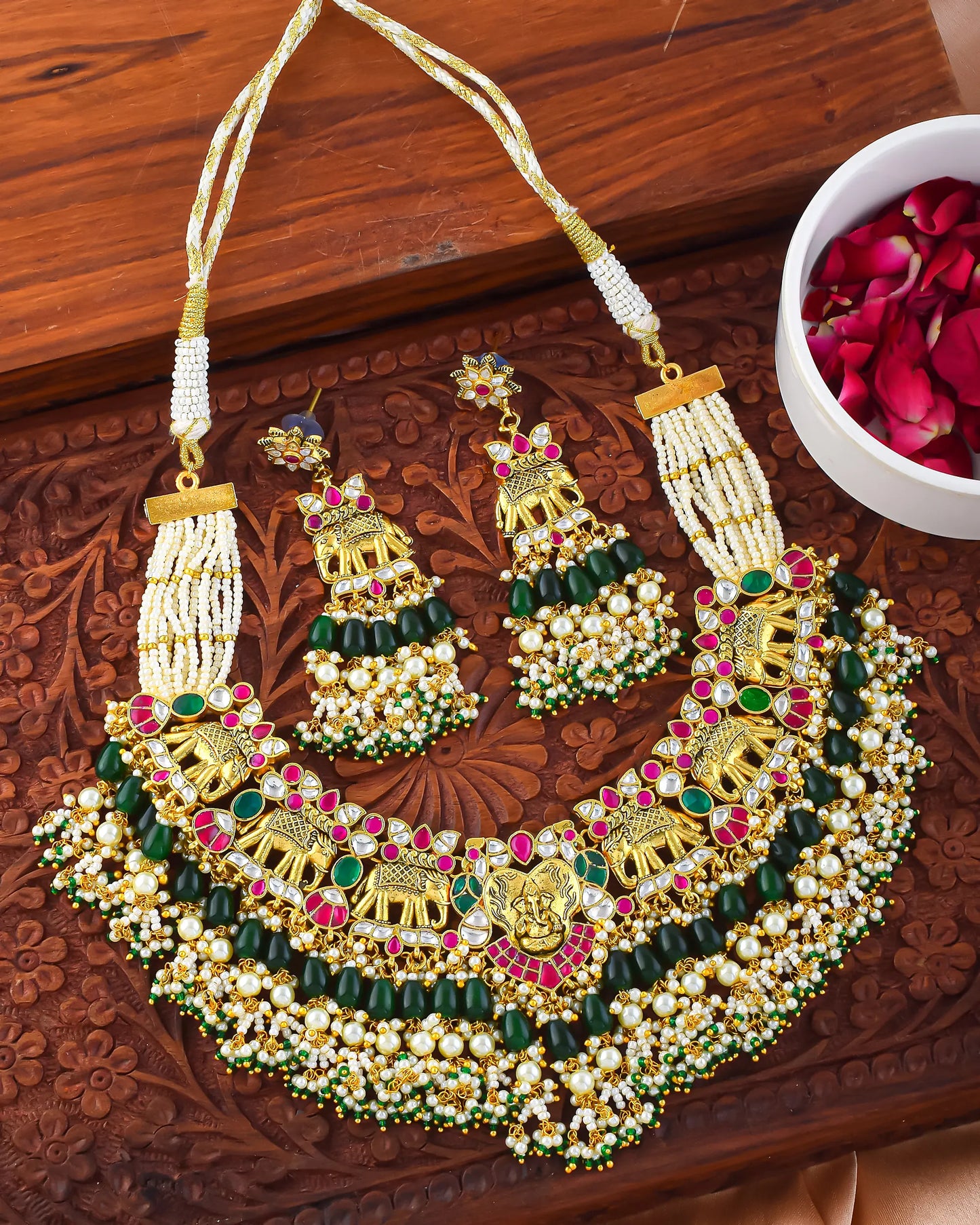 Handcrafted Kundan Elephant Choker Set, Gold Plated Necklace & Pearl Earrings, Royal Ethnic Indian Jewelry