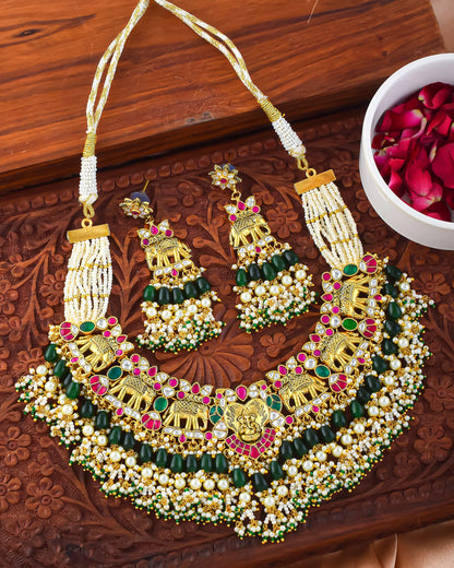 Handcrafted Kundan Elephant Choker Set, Gold Plated Necklace & Pearl Earrings, Royal Ethnic Indian Jewelry