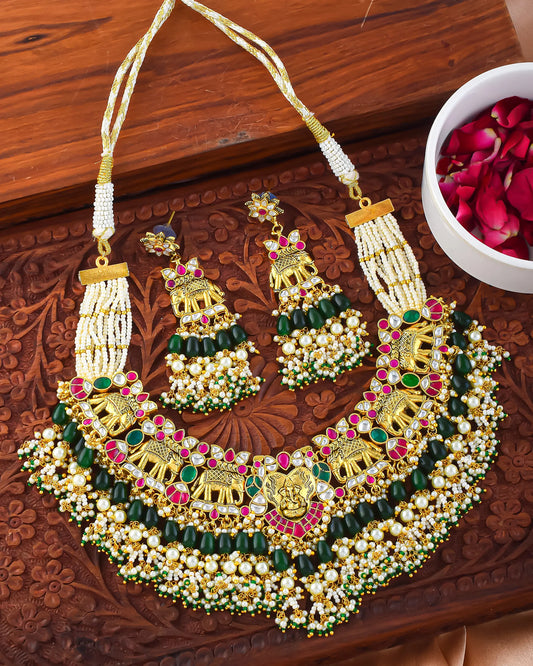 Handcrafted Kundan Elephant Choker Set, Gold Plated Necklace & Pearl Earrings, Royal Ethnic Indian Jewelry