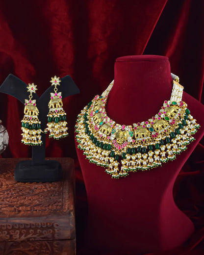 Handcrafted Kundan Elephant Choker Set, Gold Plated Necklace & Pearl Earrings, Royal Ethnic Indian Jewelry