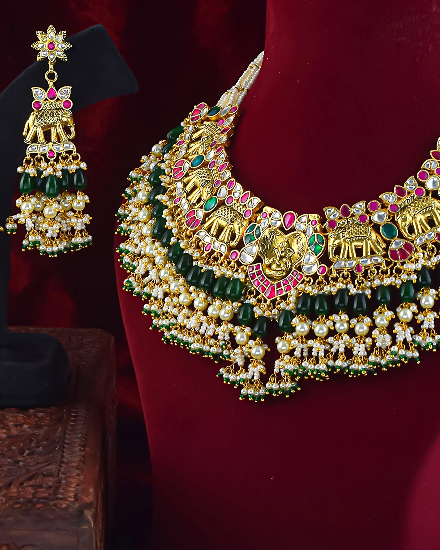 Handcrafted Kundan Elephant Choker Set, Gold Plated Necklace & Pearl Earrings, Royal Ethnic Indian Jewelry