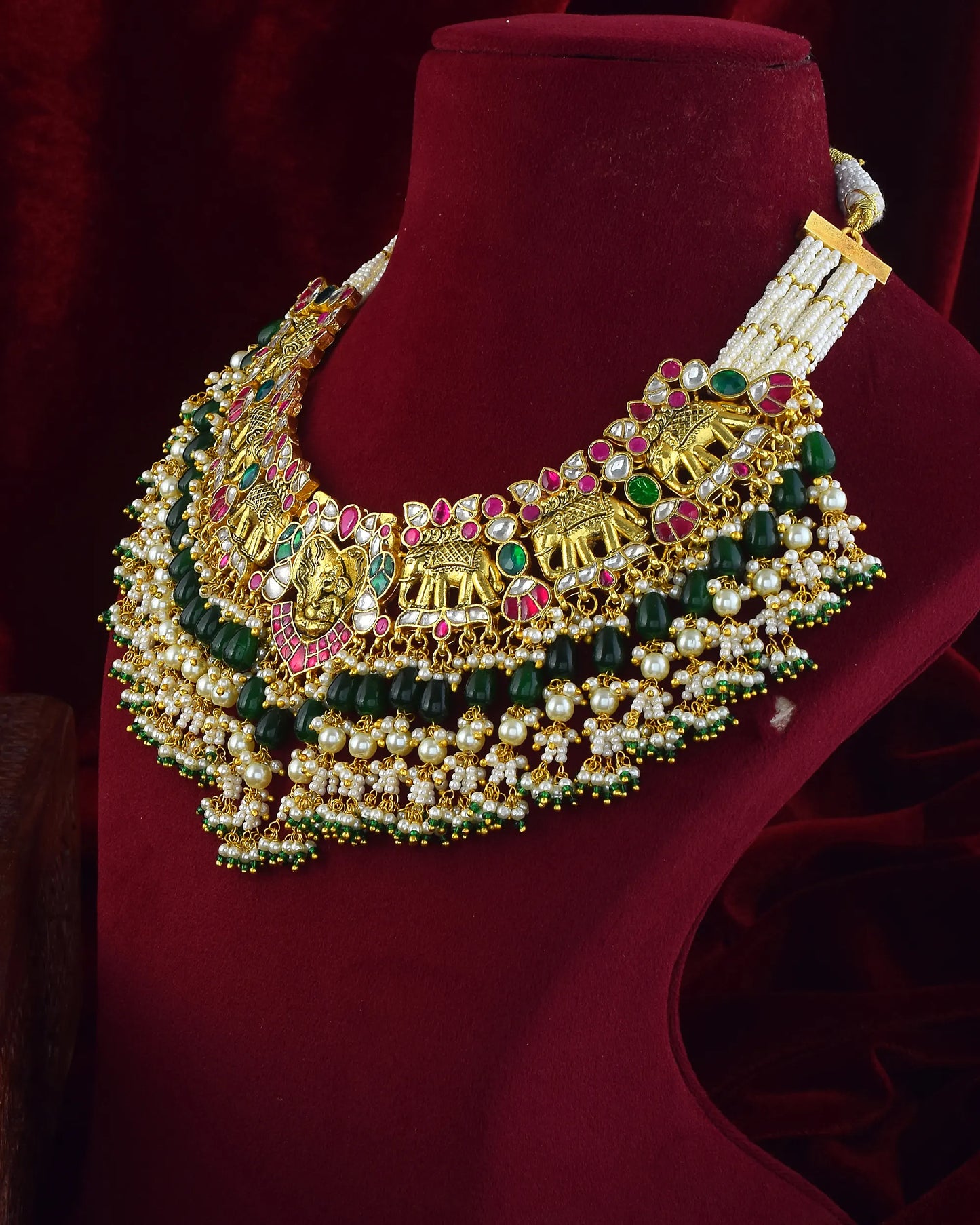 Handcrafted Kundan Elephant Choker Set, Gold Plated Necklace & Pearl Earrings, Royal Ethnic Indian Jewelry