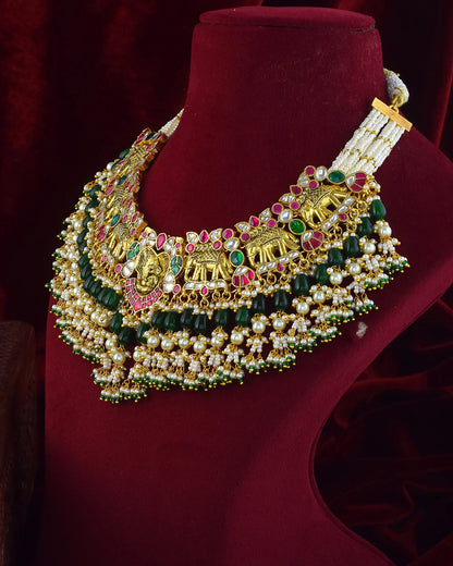 Handcrafted Kundan Elephant Choker Set, Gold Plated Necklace & Pearl Earrings, Royal Ethnic Indian Jewelry