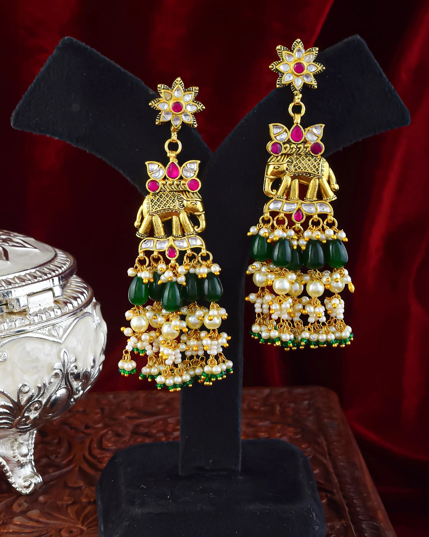 Handcrafted Kundan Elephant Choker Set, Gold Plated Necklace & Pearl Earrings, Royal Ethnic Indian Jewelry
