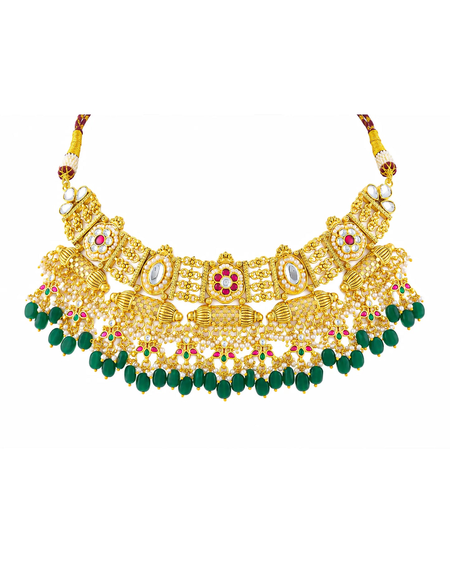Antique Kundan Choker Necklace Set with Green Beads