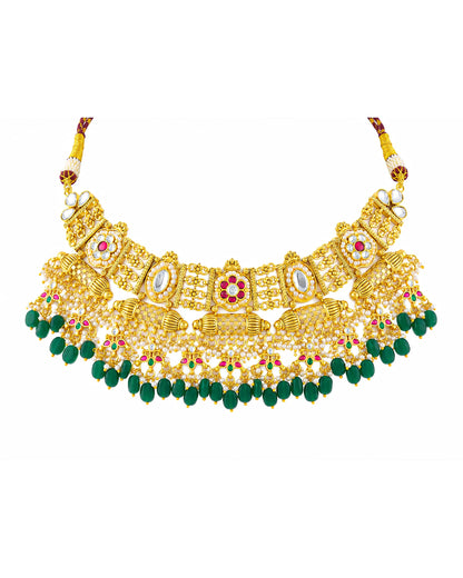 Antique Kundan Choker Necklace Set with Green Beads