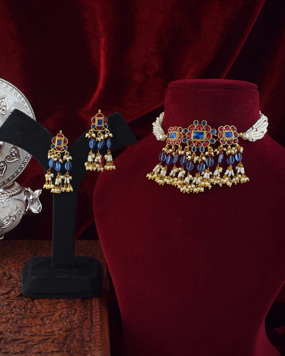 Handcrafted Kundan Choker Set Jewelry, Red & Blue Stone, Pearl Necklace