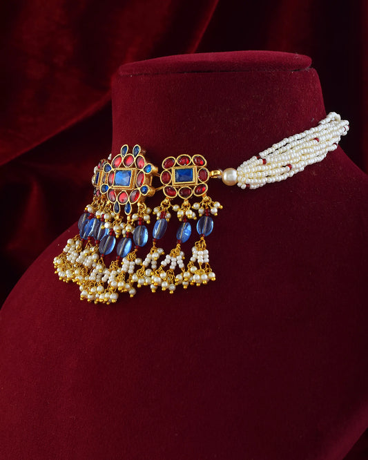 Handcrafted Kundan Choker Set Jewelry, Red & Blue Stone, Pearl Necklace