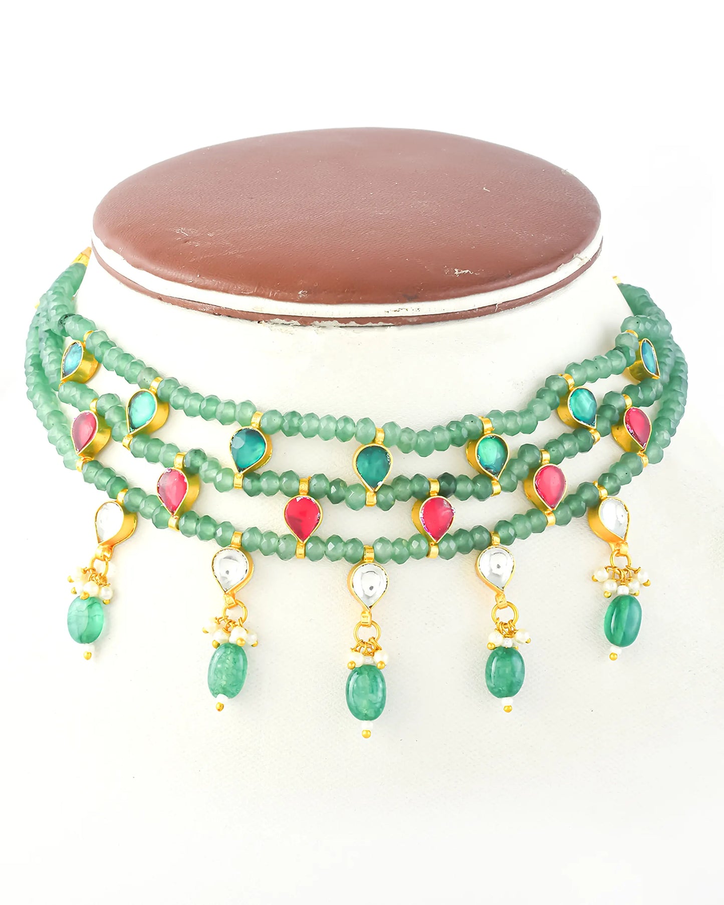 Green Beaded Kundan Choker Necklace, Multi Layer Indian Bridal Jewelry, Ruby Drop Necklace, Traditional Wedding Choker, Gold Ethnic Necklace