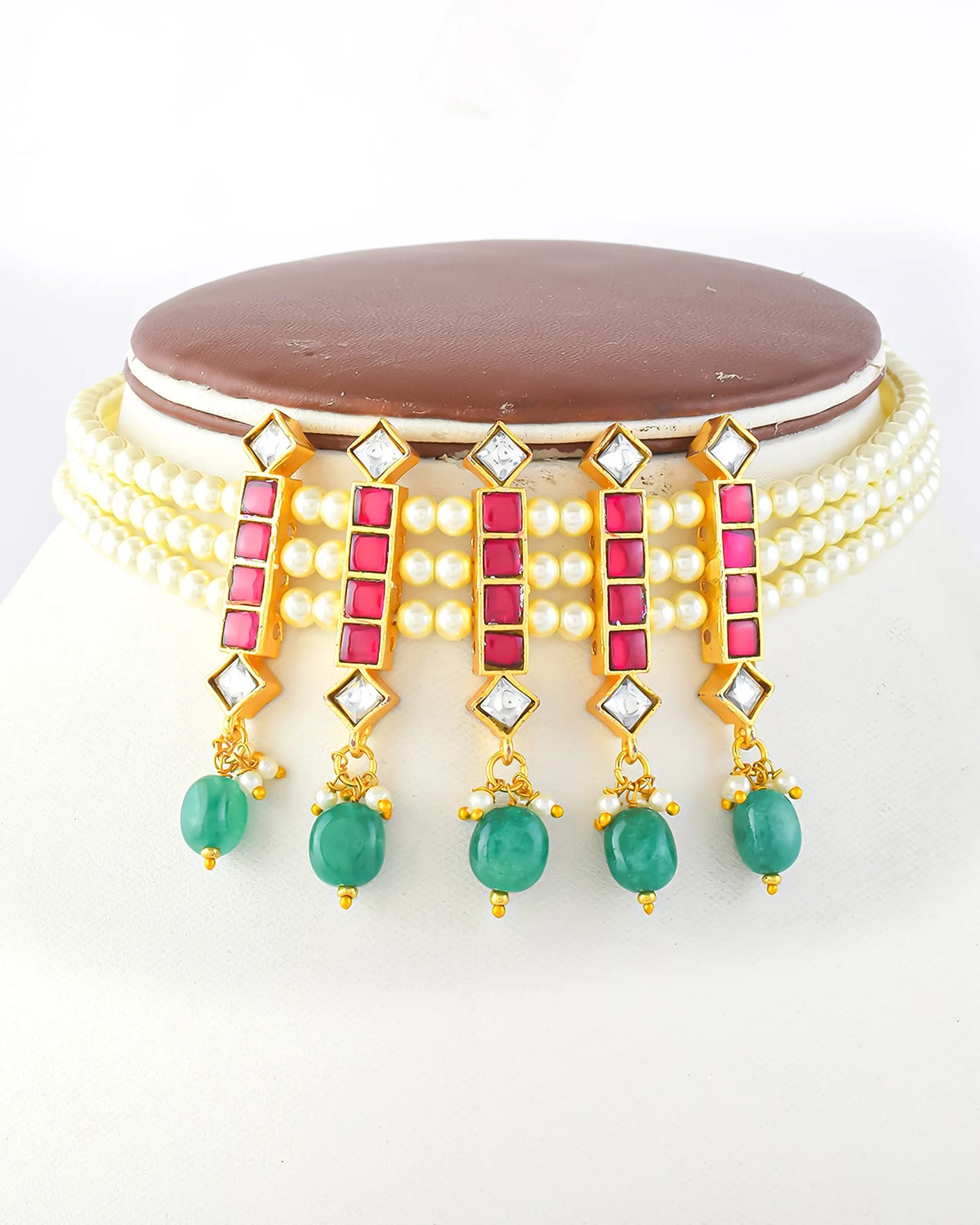 Handcrafted Kundan Choker Set  Pearl Necklace, Green Bead Earrings, Gold Plated Bridal Jewelry Gift