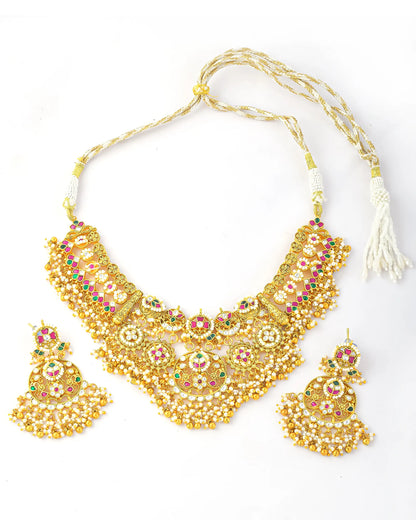 Kundan Bridal Choker Necklace Set with Earrings, Gold Indian Wedding Jewelry, Pearl Drop Choker Set, Traditional Polki Necklace