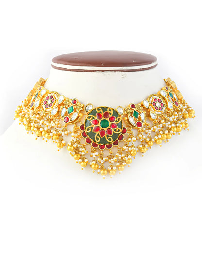 Kundan Meenakari Choker Necklace Set Earrings, Indian Bridal Jewelry, Pearl Gold Choker, Traditional Wedding Jewelry, Ethnic Festive Set