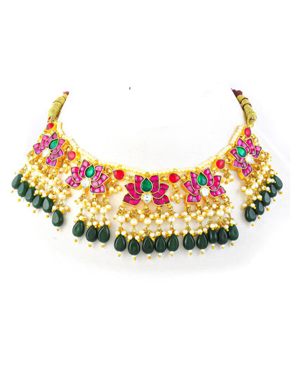 Kundan Choker Necklace Set, Green Beaded Bridal Jewelry, Pearl Meenakari Choker, Traditional Wedding Necklace, Ethnic Statement Jewelry