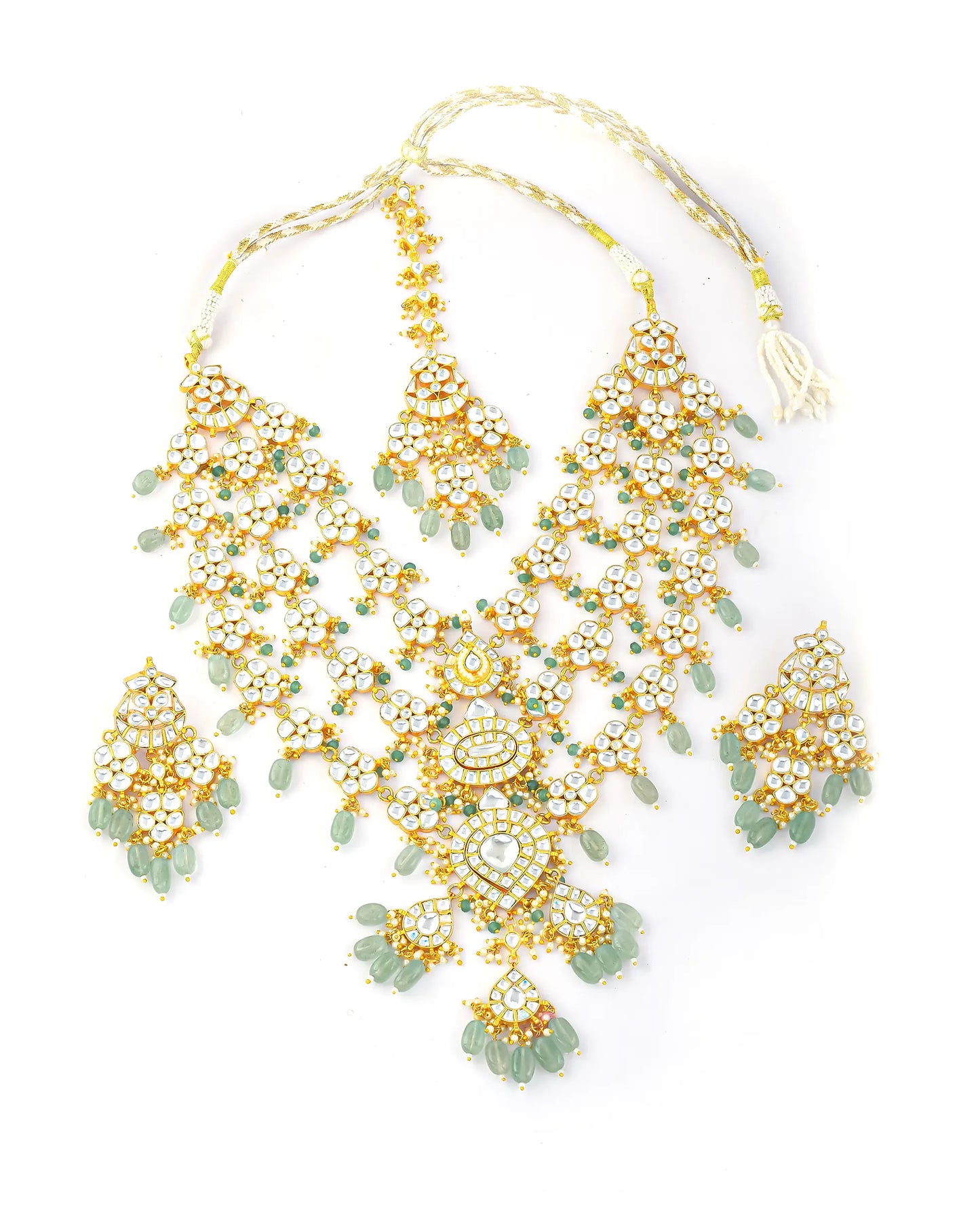 Luxury Polki Kundan Bridal Necklace Set, Green Beaded Indian Wedding Jewelry, Gold Plated Pakistani Bridal Haar, Statement Ethnic Necklace