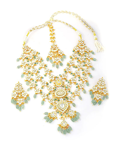 Luxury Polki Kundan Bridal Necklace Set, Green Beaded Indian Wedding Jewelry, Gold Plated Pakistani Bridal Haar, Statement Ethnic Necklace