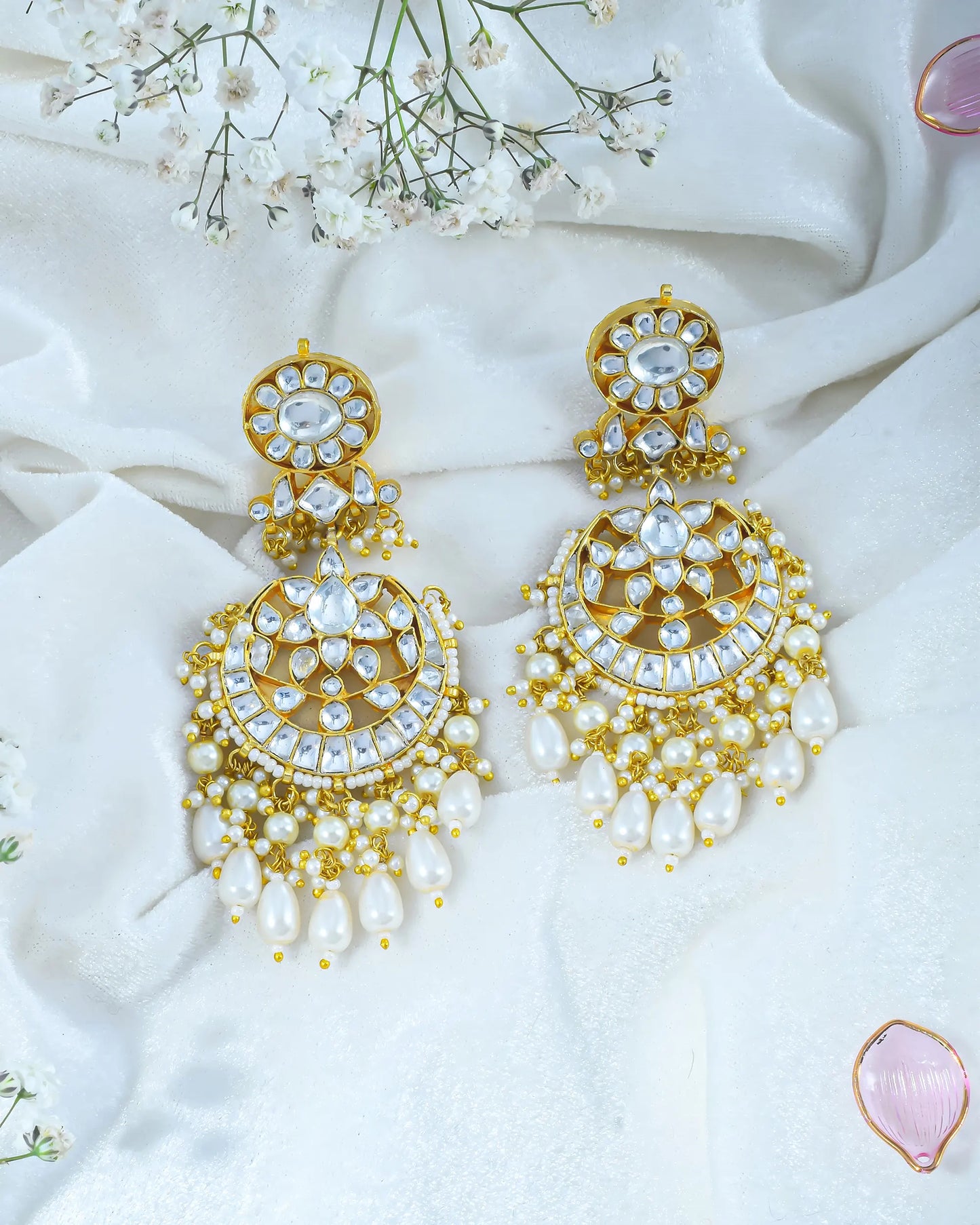 Kundan Pearl Chandbali Earrings, 18K Gold Plated Jewelry