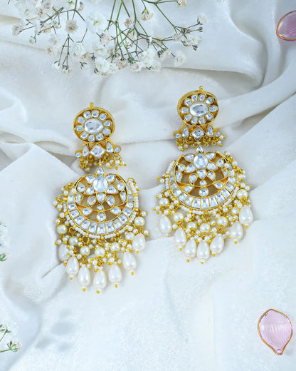 Kundan Pearl Chandbali Earrings, 18K Gold Plated Jewelry