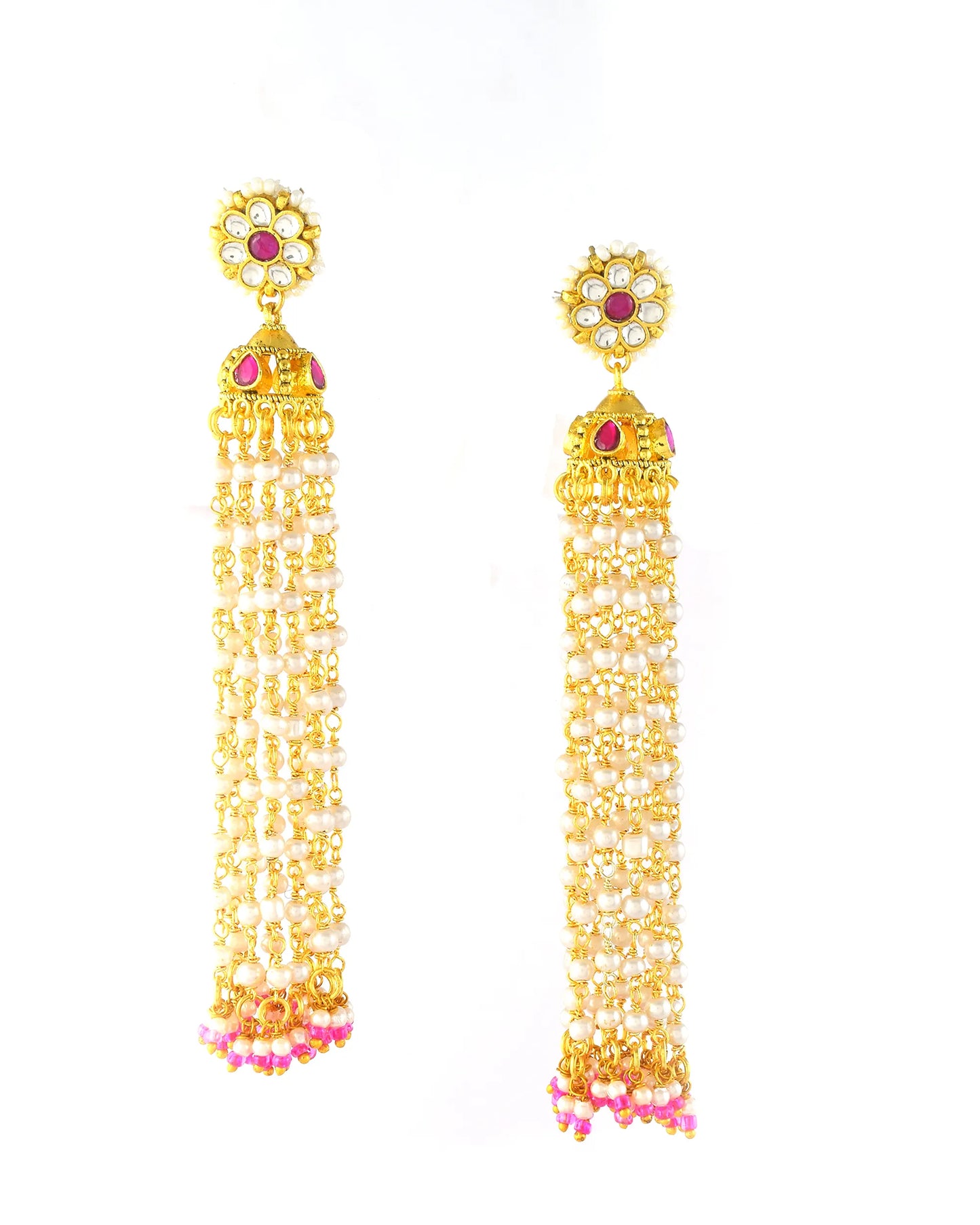 Kundan Pearl Tassel Earrings with Pink Beads